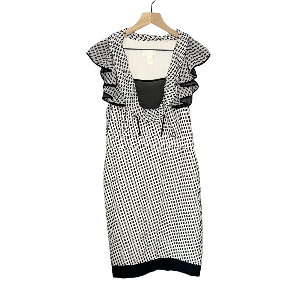 Zac Posen Silk Blend Swiss Dot Ruffle Sheath Dress in Black/Off-White 10
